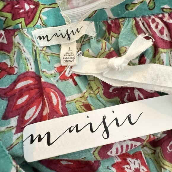 Maisie Tie Waist Midi Dress in Ethnic Floral Sz L Green Pink Boho Beachy Cotton - Picture 11 of 16